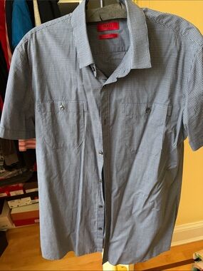 Hugo Boss Navy and White Micro-Check Short Sleeve Button-Down Shirt SIZE L